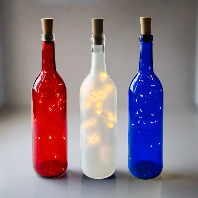 Red White and Blue Wine Bottles with Fairy String Lights, Patriotic Wine Bottles Decoration