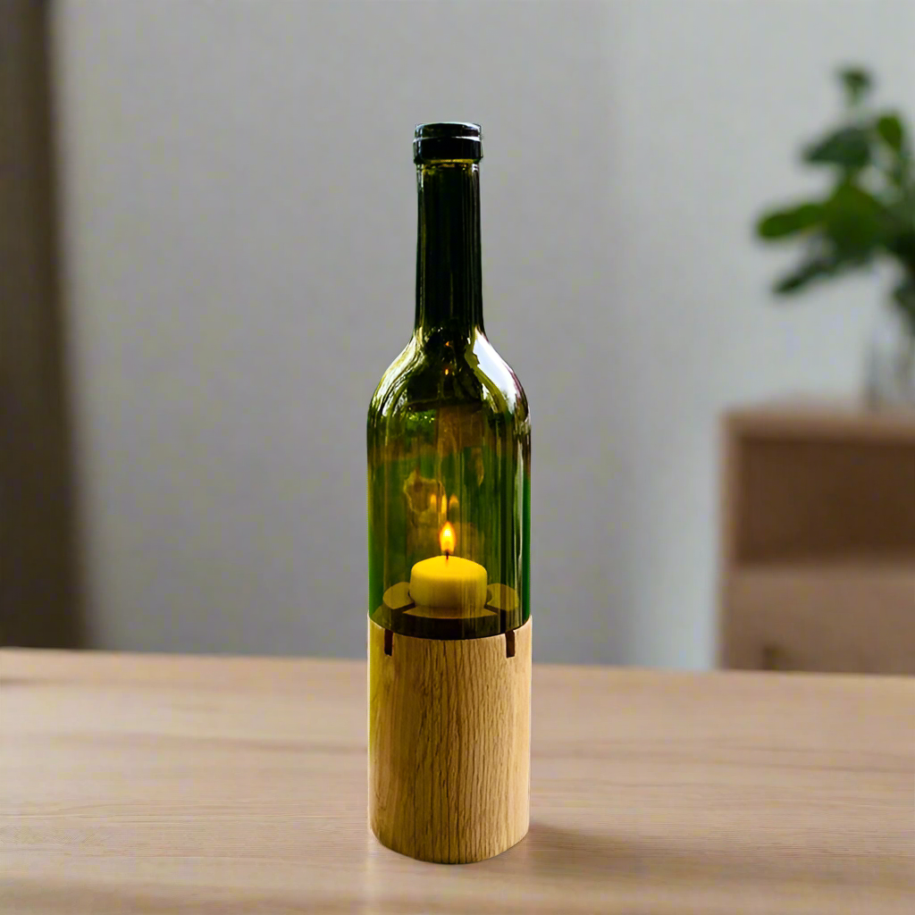 glass wine bottle holder Cut Wine Bottle Candle Holder with Wooden Base – Wine Wicks & Gifts