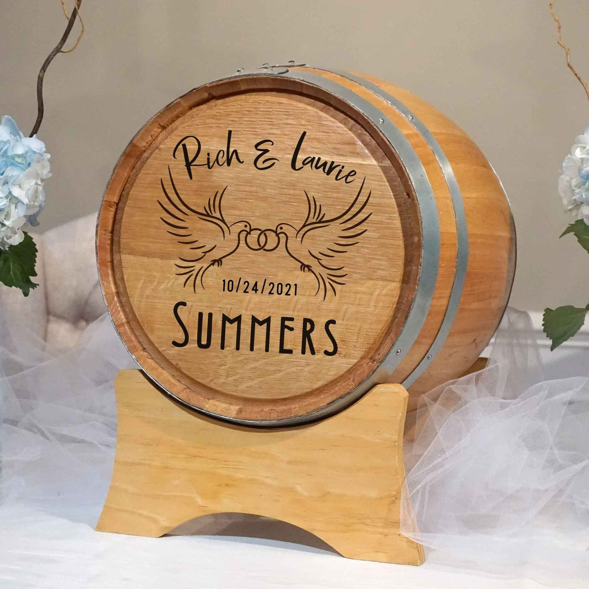 Wine Barrel Wedding Card Holder with Personalized Doves Design Wine