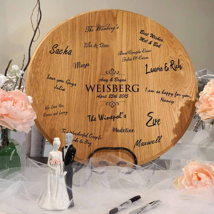 Wine Barrel Head for Wedding Guest Signatures with Iron Stand