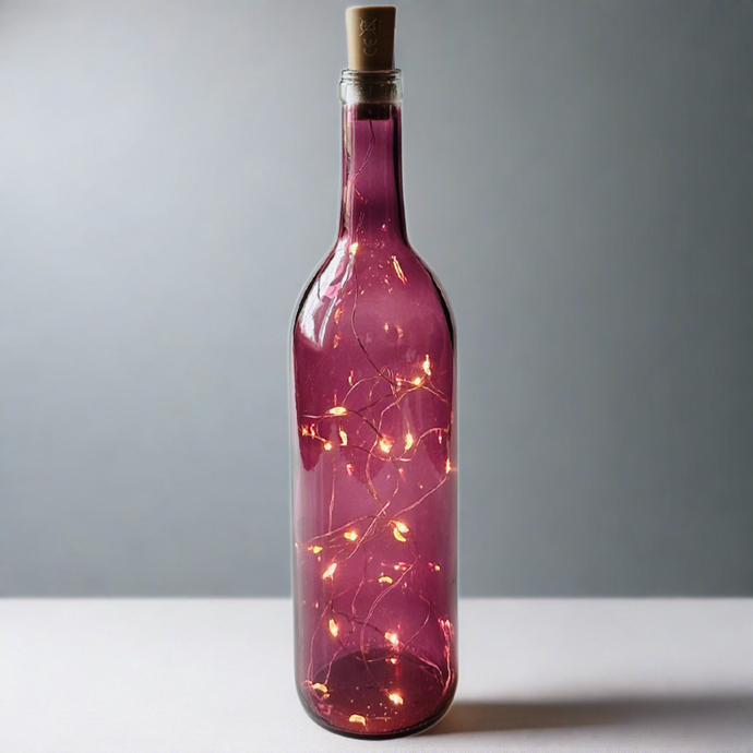 Purple Wine Bottle with Warm White Fairy Lights Powered From Cork, Wine Bottle with Battery Operated Lights
