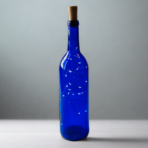 Blue Bordeaux Wine Bottle with Warm White Fairy Lights Powered From Cork