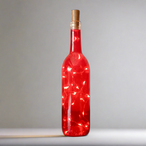 Red Wine Bottle with Warm White Fairy Lights Powered From Cork