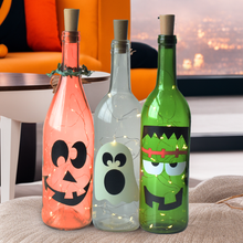 Load image into Gallery viewer, Halloween Wine Bottle Decorations with or Without String Lights - Ghost, Pumpkin, Frankenstein