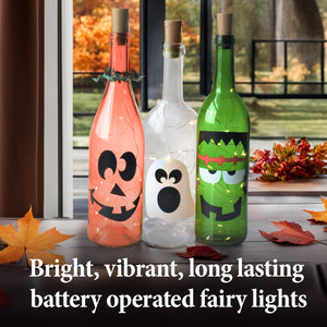 Halloween Wine Bottle Decorations with or Without String Lights - Ghost, Pumpkin, Frankenstein