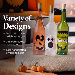 Halloween Wine Bottle Decorations with or Without String Lights - Ghost, Pumpkin, Frankenstein