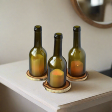 Load image into Gallery viewer, Cut Wine Bottle Candle Holder with Birch Wood Coaster Base