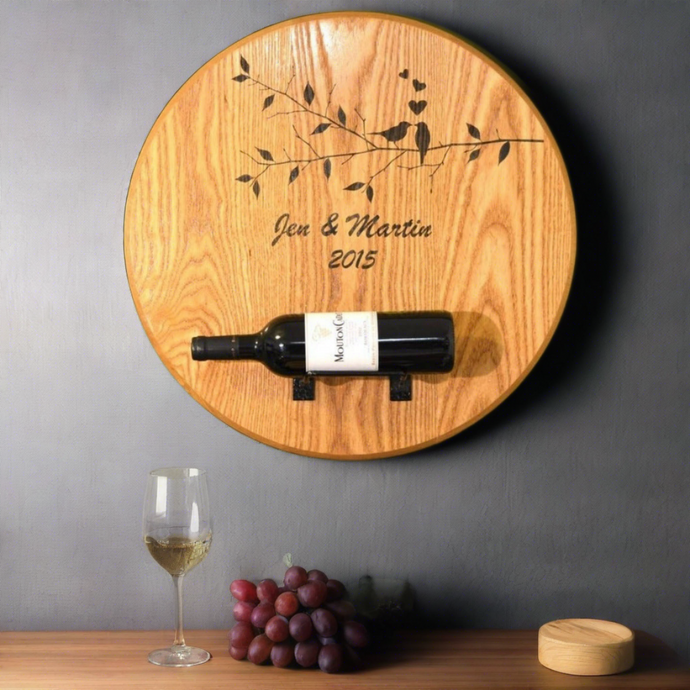 Love Birds Personalized Wedding Wine Barrel Head with Wine Bottle Holder