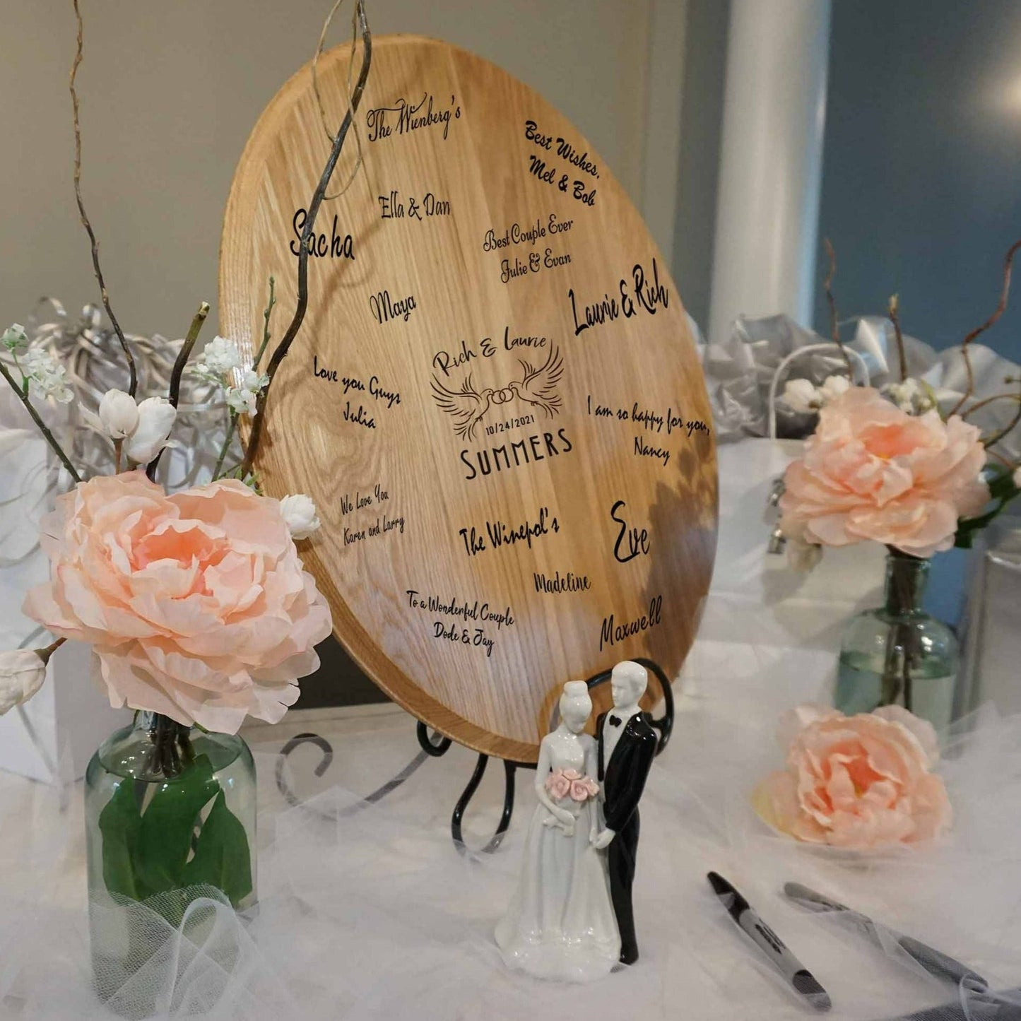 Personalized Wedding Doves Wine Barrel Head with Iron Stand