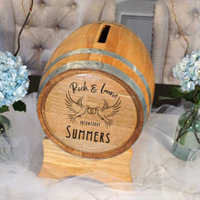 Load image into Gallery viewer, Wine Barrel Wedding Card Holder with Personalized Doves Design