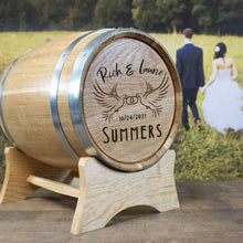 Load image into Gallery viewer, Wine Barrel Wedding Card Holder with Personalized Doves Design