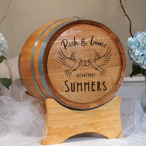 Wine Barrel Wedding Card Holder with Personalized Doves Design
