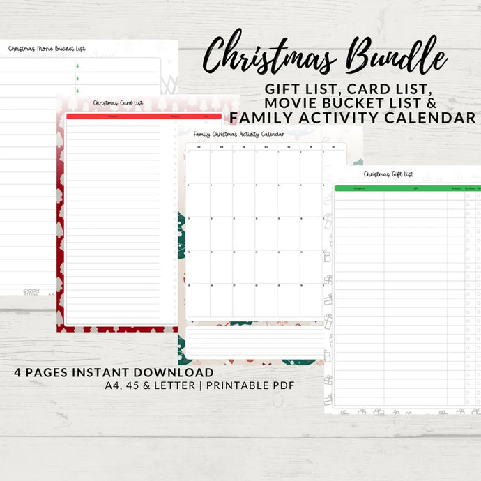 Christmas Planner & Gift List, Christmas Card Tracker, Printable Activity Planner Insert, To Do Lists, Movie Bucket List