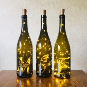 Custom Etched Split Monogram Wine Bottle With Twinkle Fairy Lights Powered From Cork