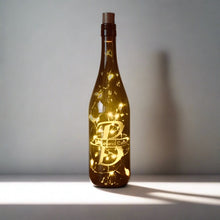 Load image into Gallery viewer, Custom Etched Split Monogram Wine Bottle With Twinkle Fairy Lights Powered From Cork