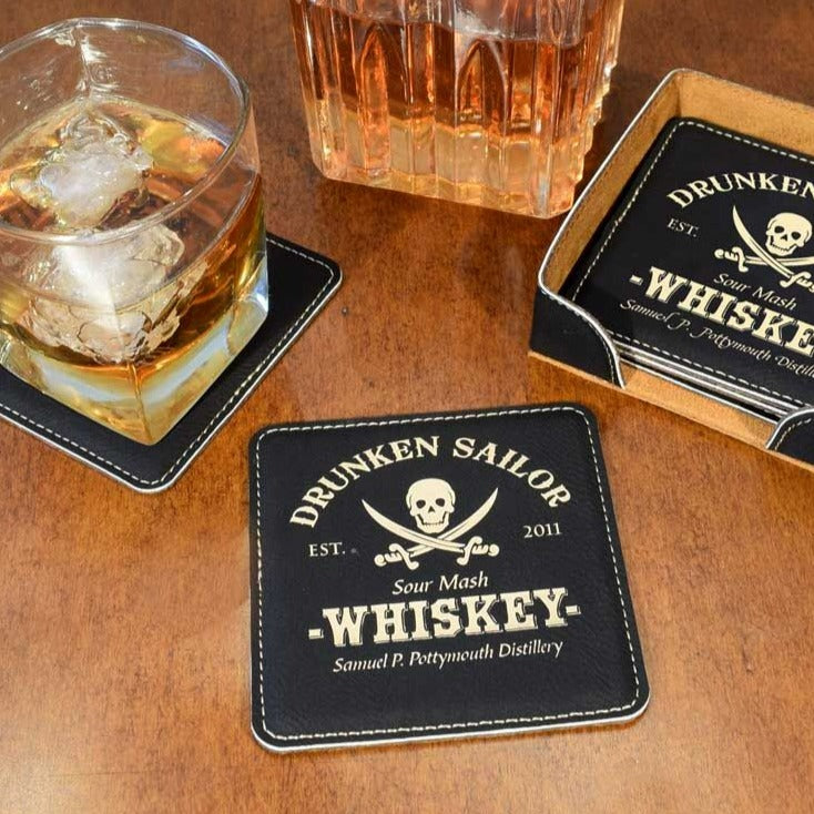 Distillery Theme Personalized Leather Coasters (6-Pack)