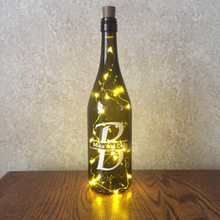 Load image into Gallery viewer, Custom Vinyl Split Monogram Wine Bottle With or Without Twinkle Fairy Lights Powered From Cork
