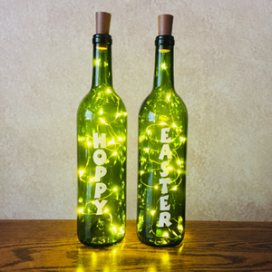 Hoppy Easter Etched Egg Wine Bottle With Twinkle Fairy Lights Powered From Cork
