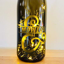 Load image into Gallery viewer, Custom Etched Split Mr. Mrs. Wine Bottle With Twinkle Fairy Lights Powered From Cork