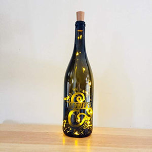 Custom Etched Split Mr. Mrs. Wine Bottle With Twinkle Fairy Lights Powered From Cork