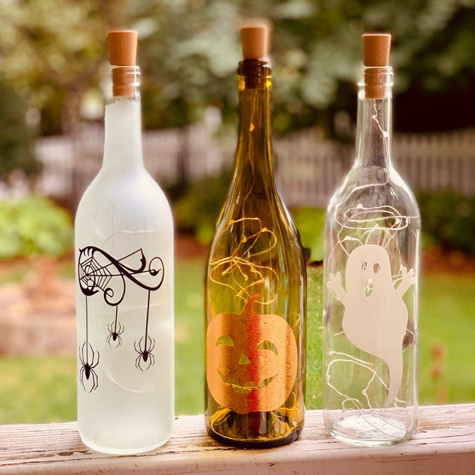 Fall & Halloween Wine Bottle Decorations with or Without String Lights - Spider, Ghost, Pumpkin