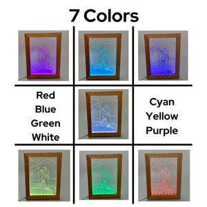 Custom Image Color Changing Lighted Wood Frame with Custom Photo Etched Into Acrylic, 7 Color Changing LED Lights - Gift Ready