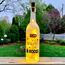 Load image into Gallery viewer, Red White and Booze Wine Bottle With or Without Twinkle Fairy Lights Powered From Cork