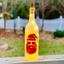 Load image into Gallery viewer, Cool Holographic Sparkle Santa Glass Bottle Decoration with Lights, Winter Christmas Bottle Decor, Red Frosted Bottle Holiday Decor