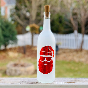Cool Holographic Sparkle Santa Glass Bottle Decoration with Lights, Winter Christmas Bottle Decor, Red Frosted Bottle Holiday Decor