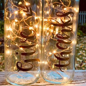 Give Thanks Fall Wine Bottle Decorations with String Lights from Cork