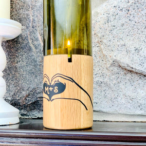 Personalized Heart Hand Initials Cut Wine Bottle Candle Holder