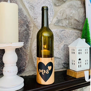 Personalized Heart Initials Cut Wine Bottle Candle Holder with Base