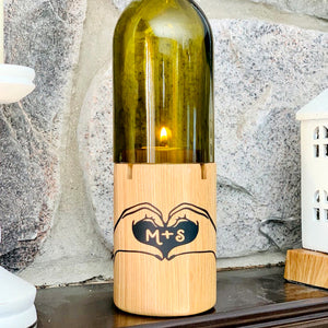 Personalized Heart Hand Initials Cut Wine Bottle Candle Holder