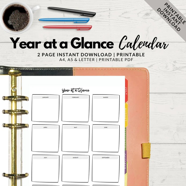 Year at a Glance, Yearly Planner, Yearly Calendar, Printable Planner, –  Wine Wicks & Gifts
